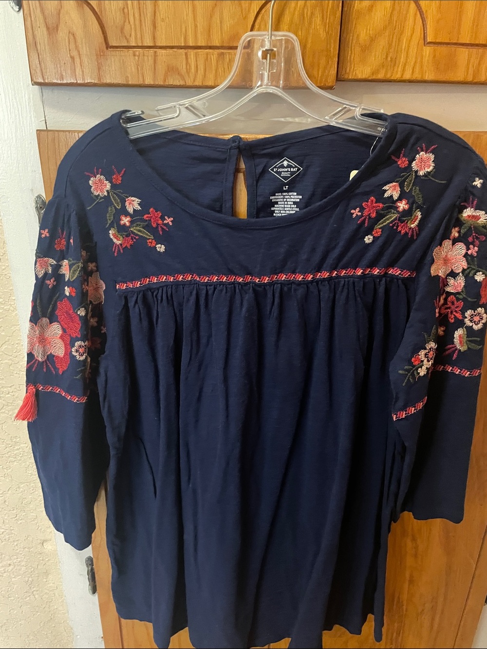 St. John's Bay Navy Tunic with Pink Floral Embroidery - Picture 3 of 7